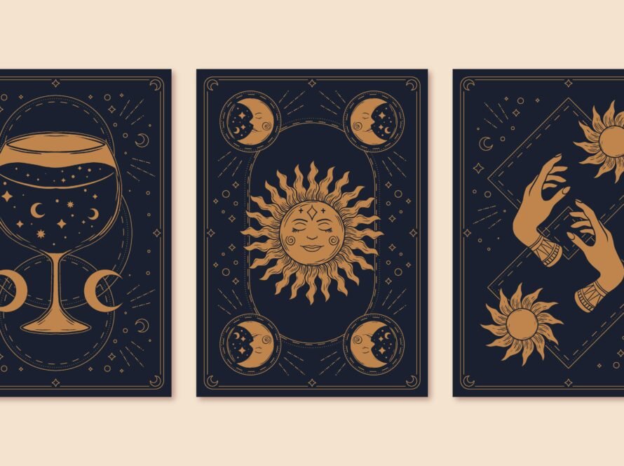Ilustraciones de cartas de tarot con motivos de sol, luna y estrellas